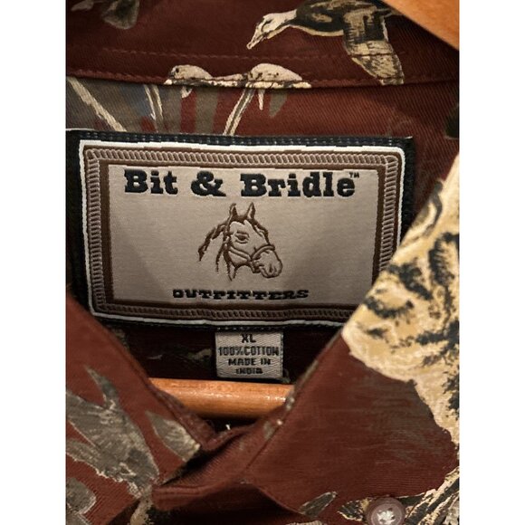 Bit & Bridle XL Mens Hunting-Themed Button-Up Shirt 100% Cotton Brown & Beige - Picture 2 of 7